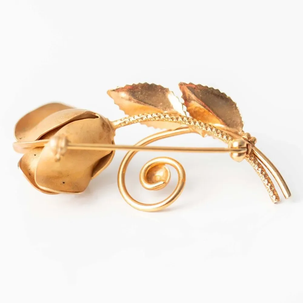 Vintage Gold Tone Dimensional Rose Flower Brooch Pin Spiral Stem Leaves Floral